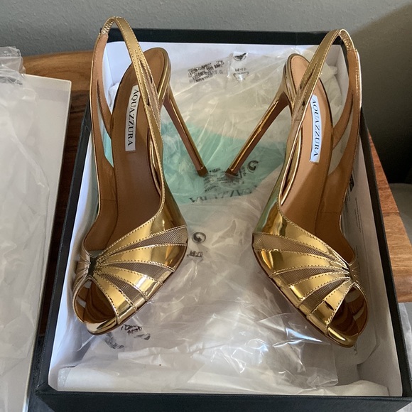 AQUAZURRA The Spy Gold Leather Metallic Slingback Pump sz 38 $NIB $950 - Picture 12 of 16